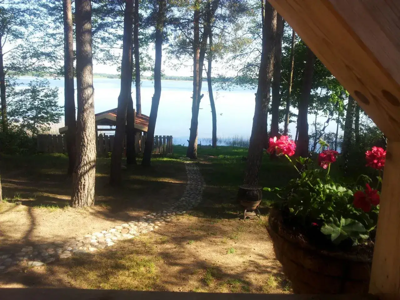 Kamienista ścieżka prowadzi do altany nad spokojnym jeziorem Świętajno. W donicy kwitną czerwone pelargonie.