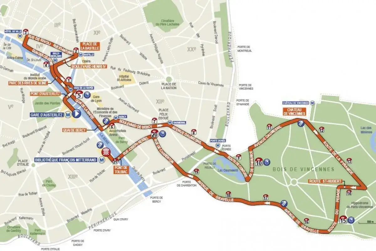 Carte du semi-marathon de Tulle, traversant Paris, le Bois de Vincennes et le Ch&acirc;teau de Vincennes.