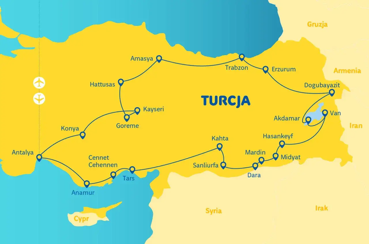 Mapa Turcji z zaznaczonymi miastami: Antalya, Konya, Goreme, Amasya, Trabzon, Erzurum, Dogubayazit, Van, Mardin, Sanliurfa. Turcja co warto wiedzieć - zobacz trasę!