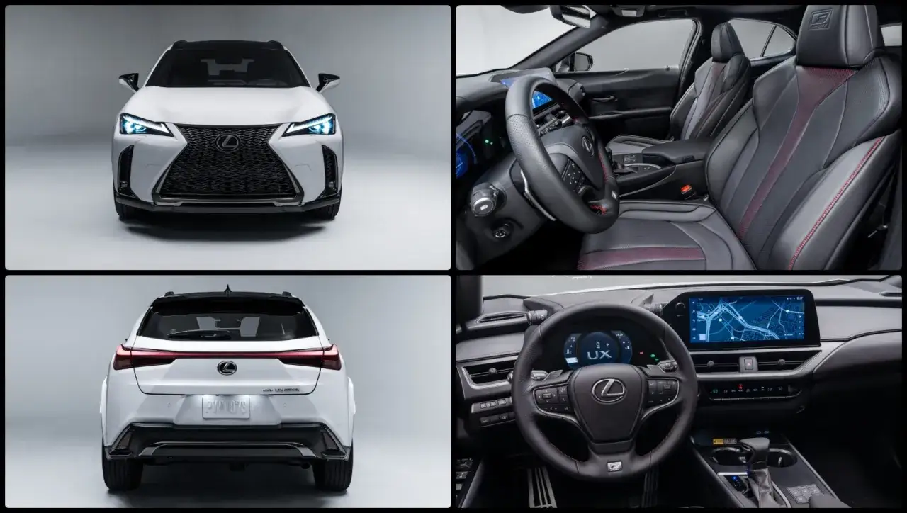 Lexus UX wymiary: przód, tył i wnętrze z ekranem nawigacji. Sportowe fotele i kierownica.
