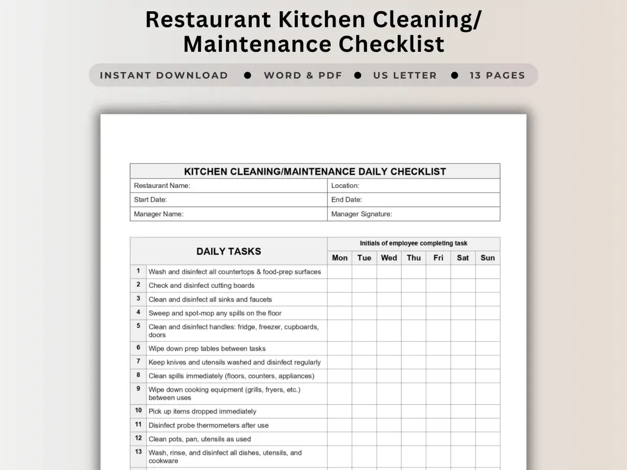 Lista de verificaci&oacute;n diaria para la limpieza de restaurantes. Incluye tareas como desinfectar superficies, limpiar utensilios y mantener la higiene.