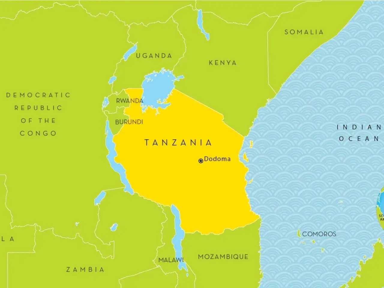 Mapa polityczna Afryki Wschodniej. Gdzie jest Tanzania? Położona między Ugandą, Kenią, Mozambikiem i Oceanem Indyjskim.