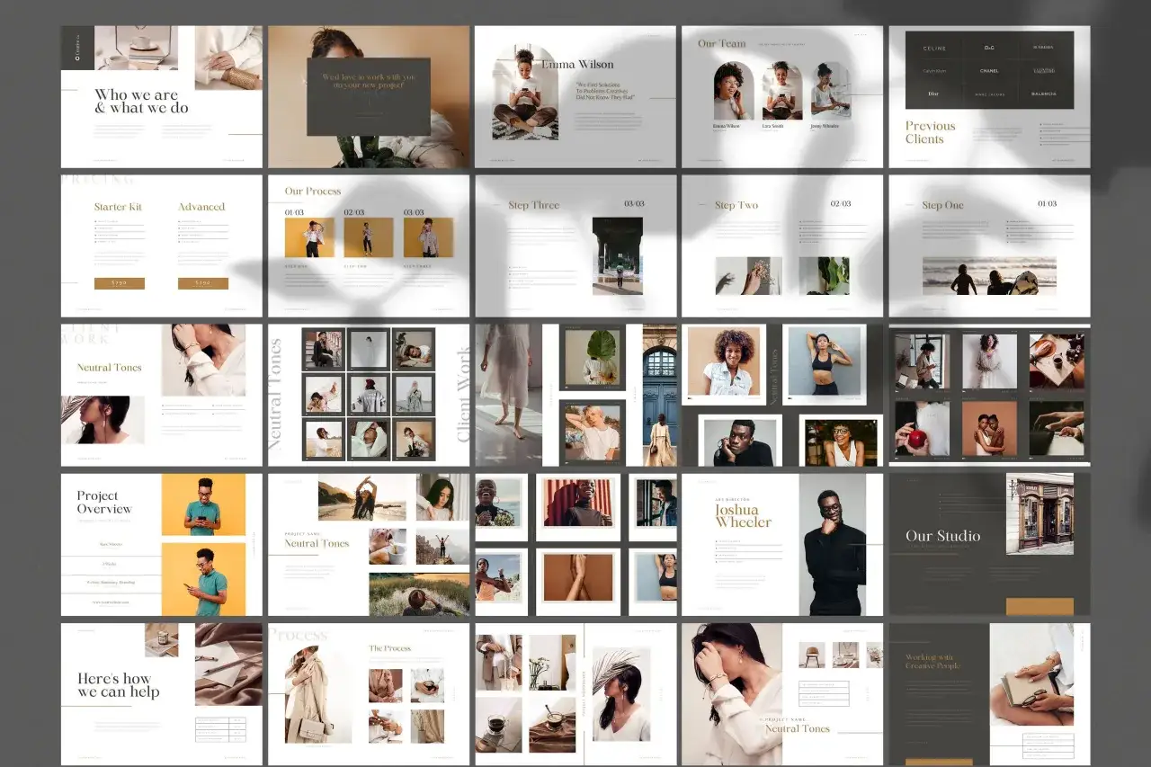 Exemple de book artistique pr&eacute;sentant des projets clients, des tarifs, une &eacute;quipe et un studio. Le projet 
