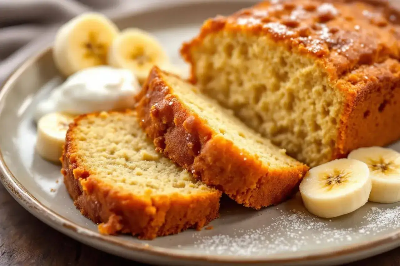 Tranche de gâteau banane moelleux, saupoudrée de sucre glace, avec des rondelles de banane et une cuillère de crème. Parfait pour une recette facile.