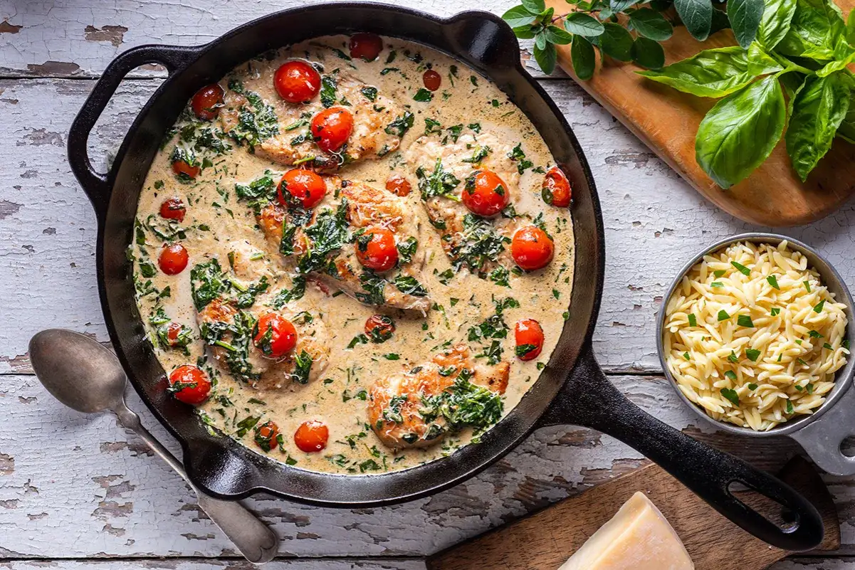 Hähnchenbrust in cremiger Sauce mit Kirschtomaten und Spinat, inspiriert von italienischen huhn rezepte. Dazu Orzo-Nudeln und Parmesan.