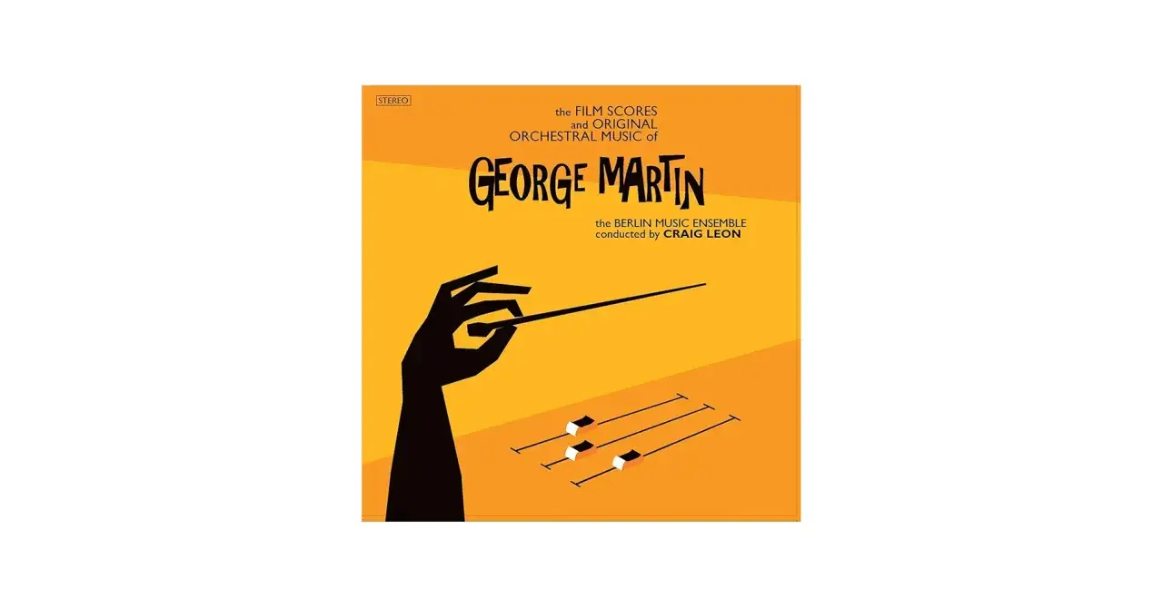 Okładka albumu z muzyką filmową George'a Martina. Dłoń dyrygenta z batutą nad suwakami miksera.