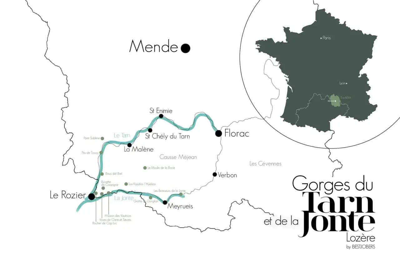 Carte des Gorges du Tarn et de la Jonte, montrant les villages de Mende, Florac, Le Rozier et les sites touristiques.