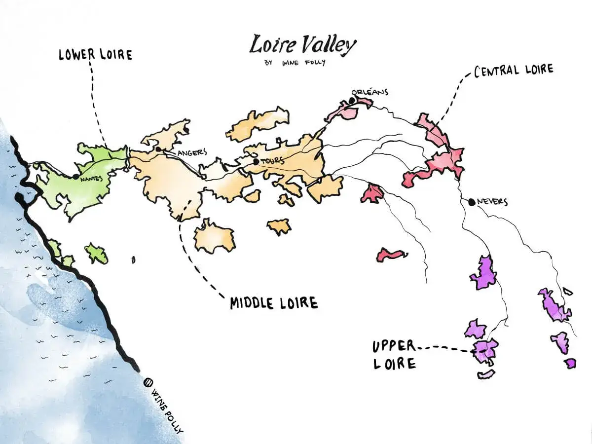 Map of the Loire Valley, showcasing regions for Loire Valley wine from Lower to Upper Loire, with cities like Nantes, Angers, Tours, Orléans, and Nevers.