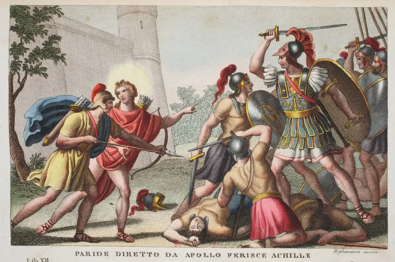 La mort d'Achille, guid&eacute; par Apollon, une fl&egrave;che vise le h&eacute;ros. Combat acharn&eacute; autour de son corps.