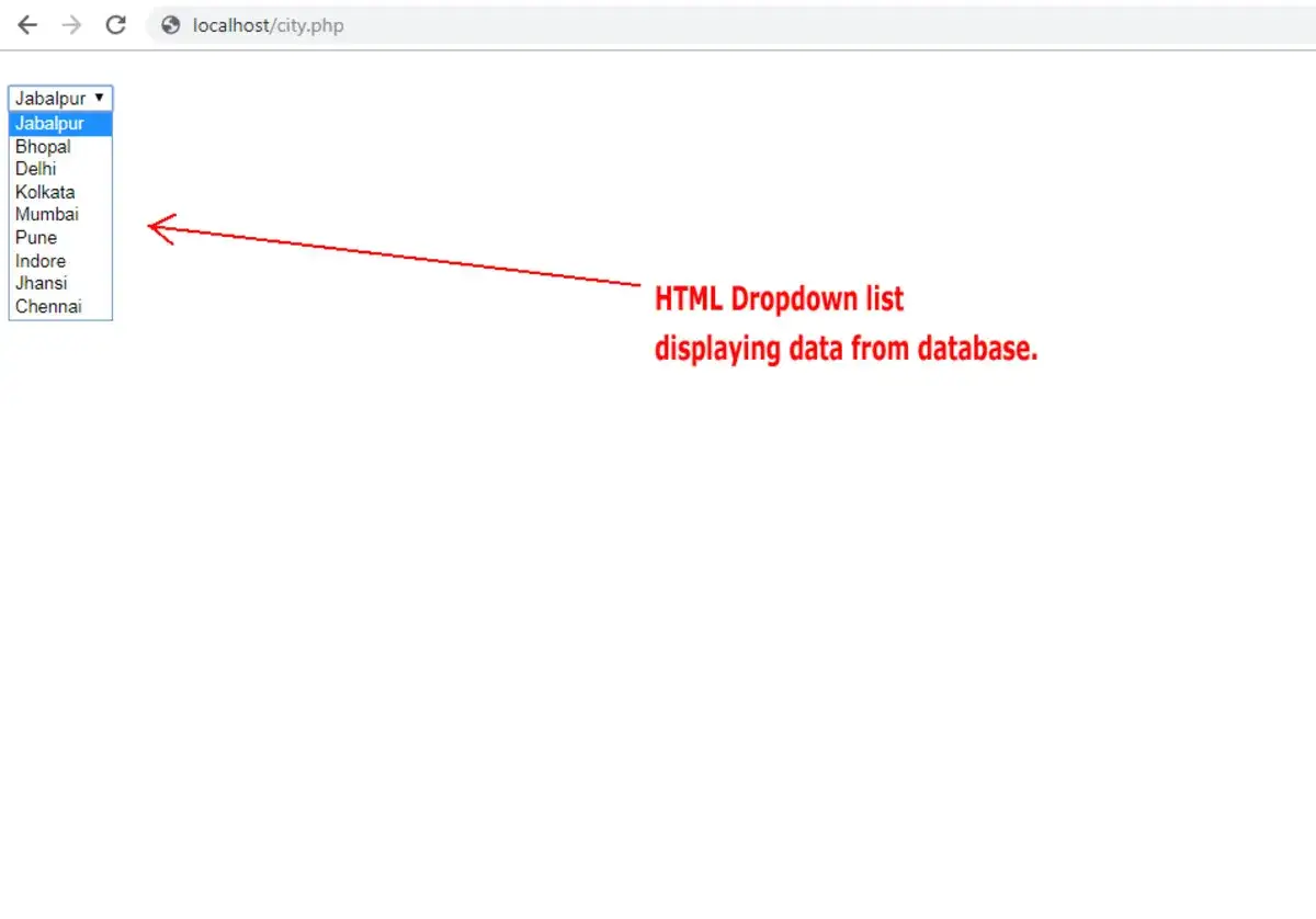 Une liste d&eacute;roulante PHP affiche des villes comme Jabalpur, Bhopal, Delhi, etc., extraites d'une base de donn&eacute;es.