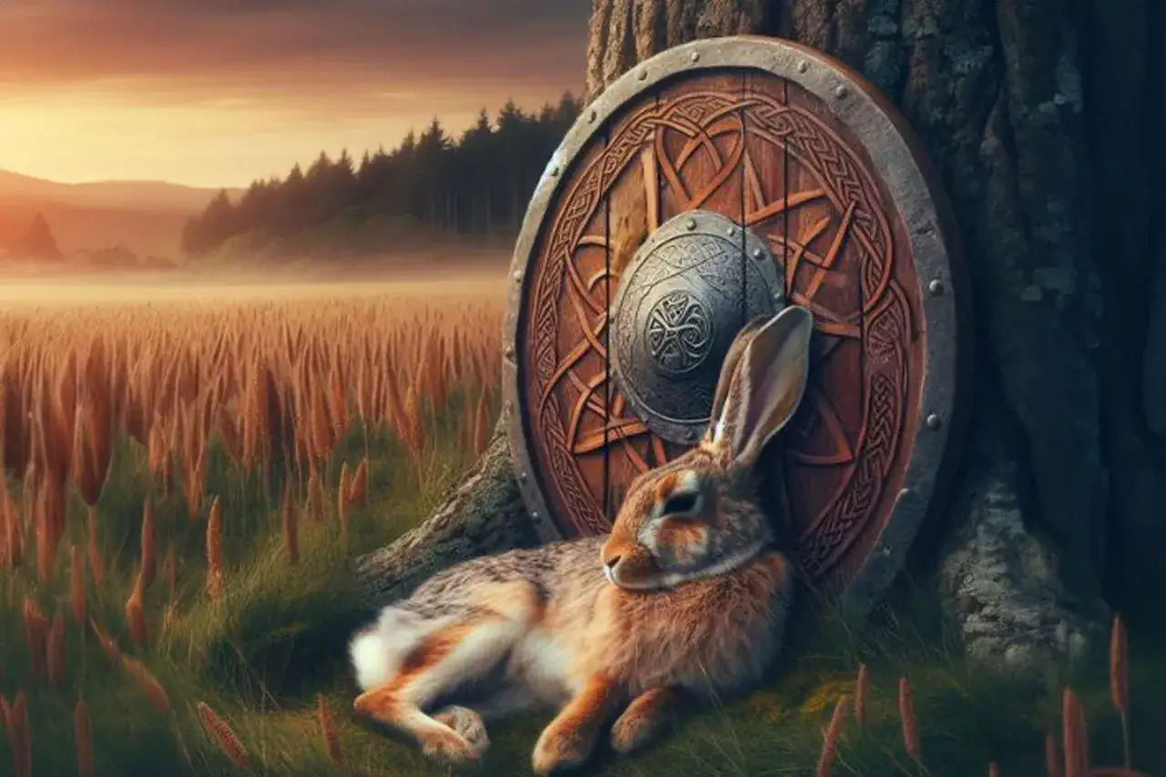 Un conejo descansa junto a un escudo vikingo apoyado en un árbol, en un campo de trigo al atardecer. Parece soñar con conejos.