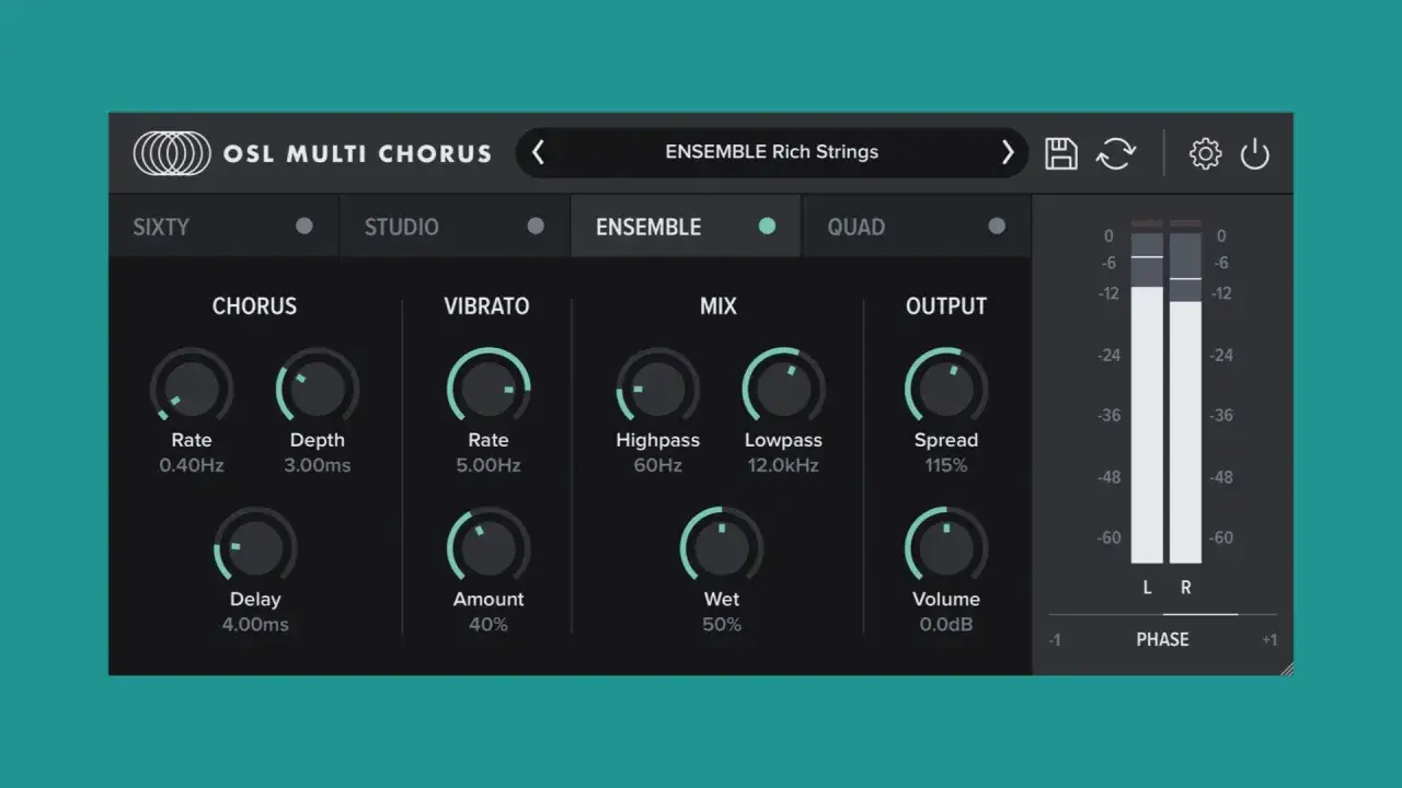 OSL Multi Chorus VST interface, featuring controls for Chorus, Vibrato, Mix, and Output. A great free Juno-style effect for your music.