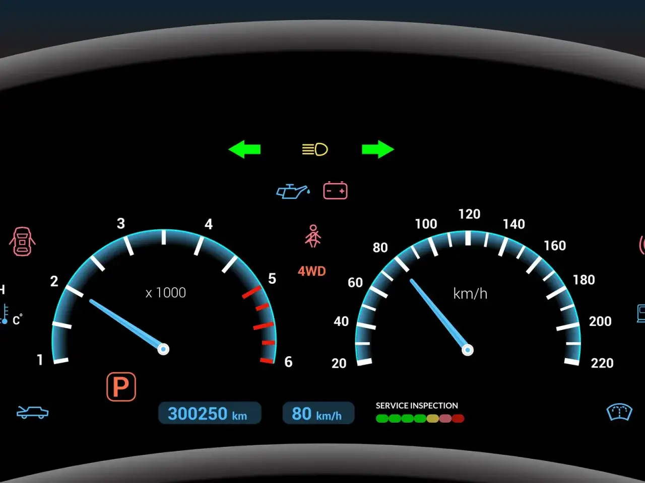 Armaturenbrett mit Tachometer und Drehzahlanzeige. Oranges Warnzeichen Auto leuchtet auf, Serviceinspektion fällig.