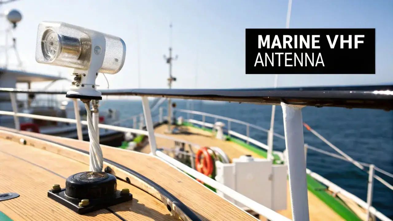 Antenne VHF marine blanche et transparente, install&eacute;e sur un pont en bois. C'est la meilleure antenne VHF marine pour une communication claire en mer.