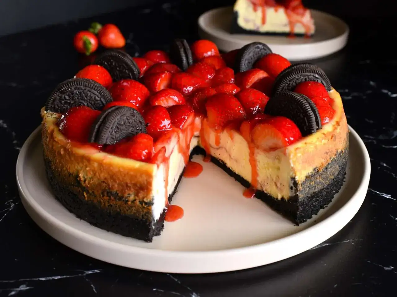 Ein köstlicher Oreo Kuchen mit frischen Erdbeeren und Erdbeersauce, der auf einem Teller präsentiert wird.