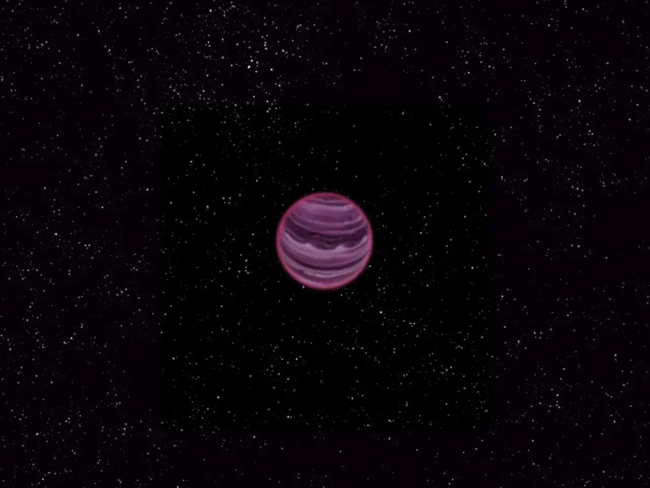 Purpurowa planeta z prążkami dryfuje w kosmicznej pustce, otoczona milionami gwiazd. To samotny, **lifeless planet**.