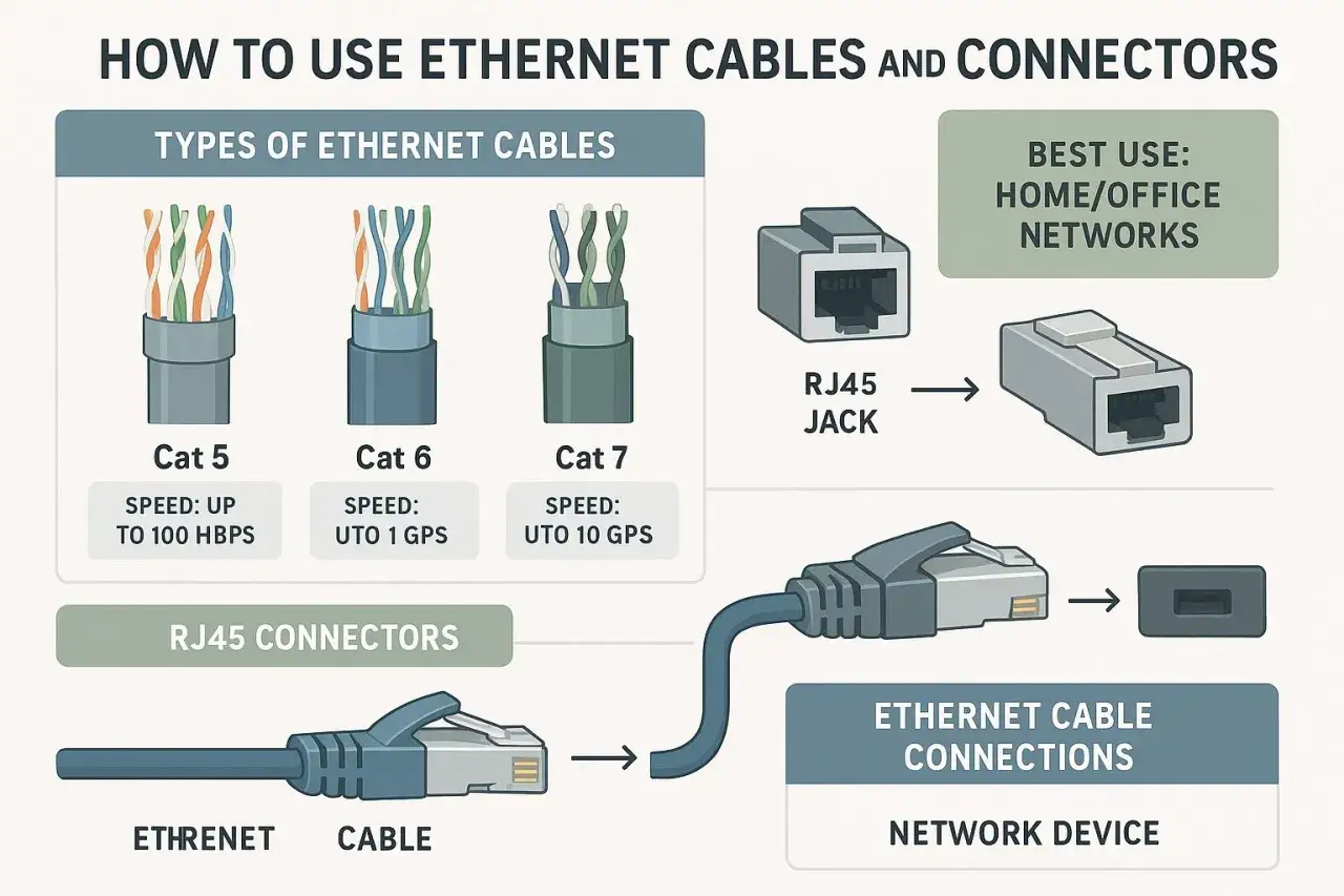 Ilustracja pokazuje różne typy kabli **ethernet** (Cat 5, 6, 7) oraz złącza RJ45, wyjaśniając ich zastosowanie w sieciach domowych i biurowych.