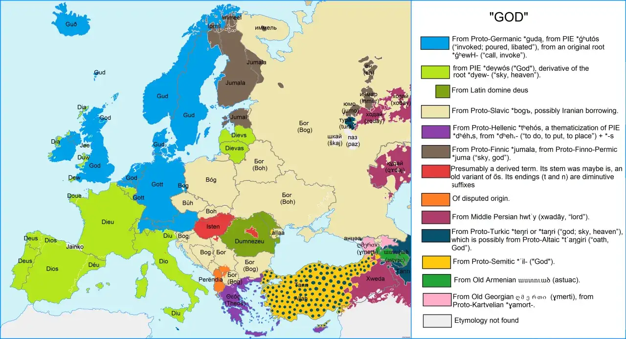 Map showing the origin of the word