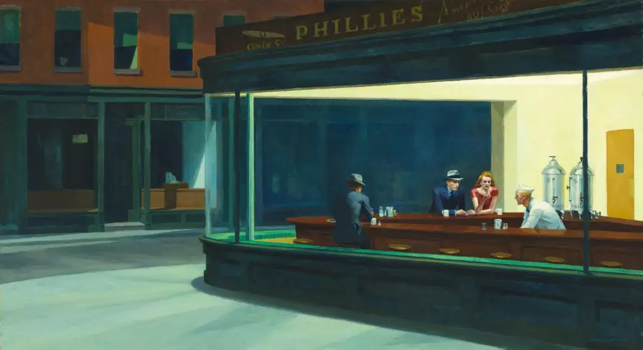 Scène nocturne dans un diner, peinte par un peintre américain du 20ème siècle. Trois clients et un serveur sont présents.
