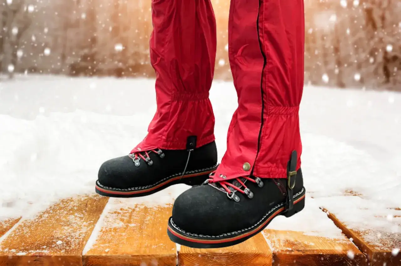Rote Gamschen schützen die Beine und Schuhe vor Schnee und Nässe. Sie sind ideal für Wanderungen im Winter.