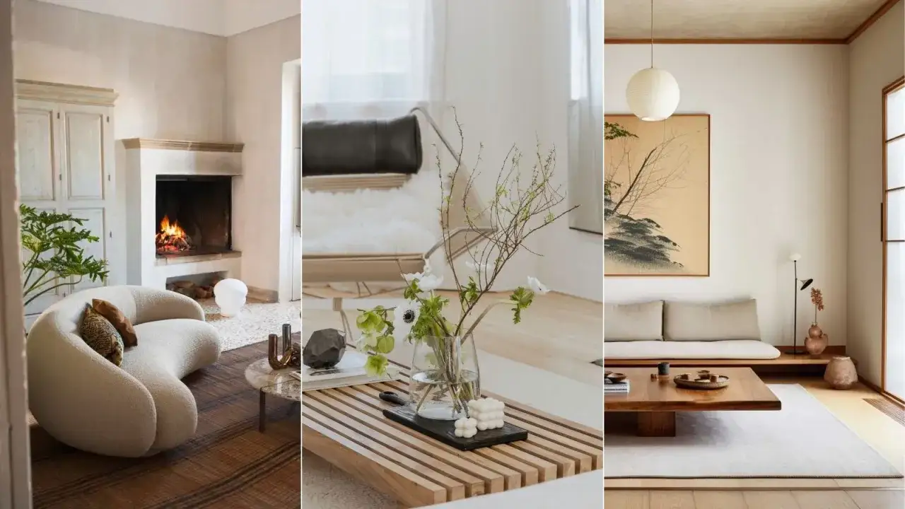 Trzy wnętrza w stylu japandi: przytulny salon z kominkiem, minimalistyczna przestrzeń z fotelem i bukietem, oraz pokój z niską sofą i drewnianym stolikiem.
