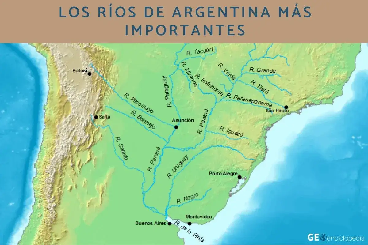 Mapa de los r&iacute;os de Argentina, mostrando el Paran&aacute;, Uruguay, Salado, Bermejo y otros, vitales para la vida y el transporte.