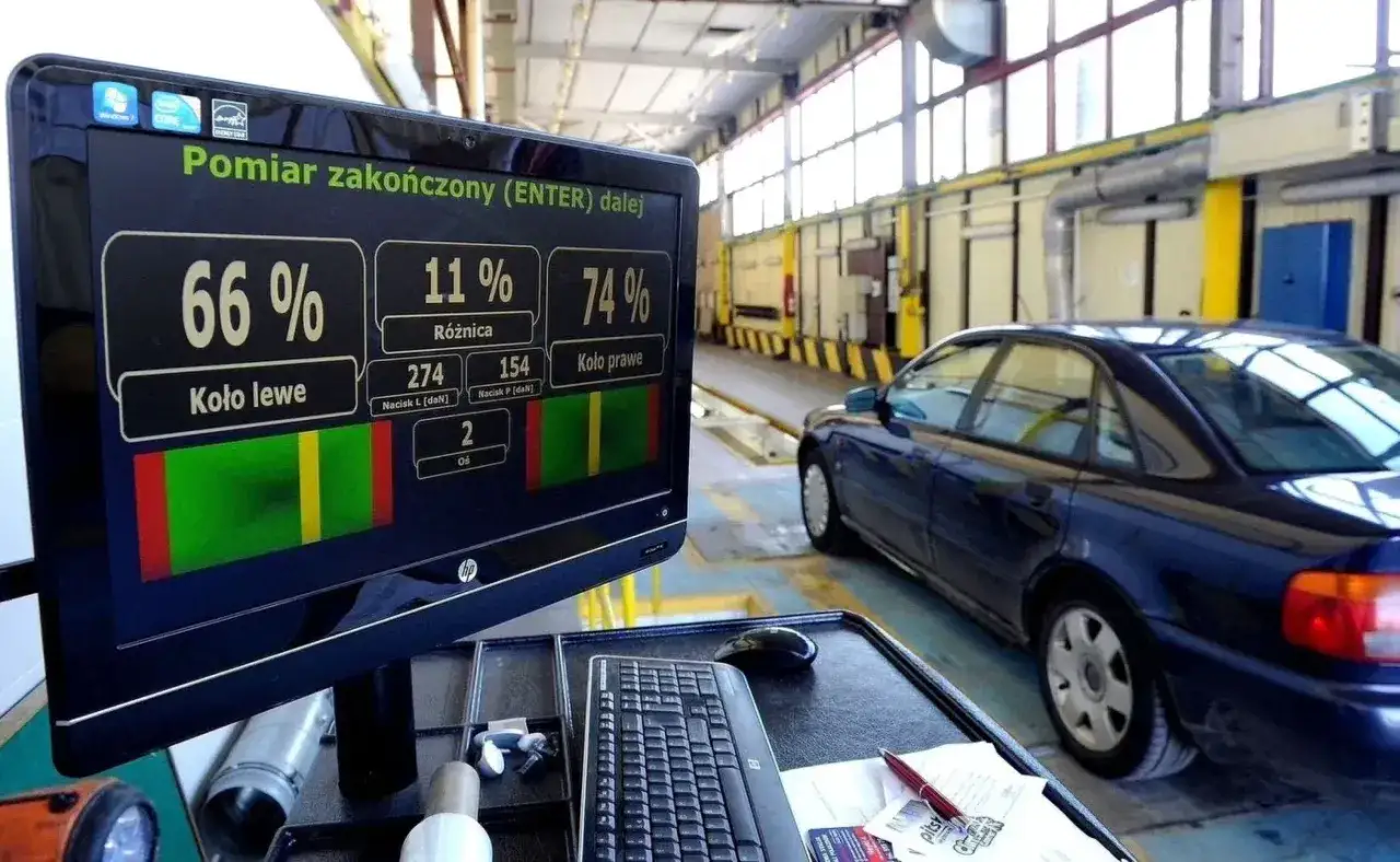 Wyniki przeglądu technicznego samochodu na ekranie: lewe koło 66%, prawe 74%. Dowiedz się, ile kosztuje przegląd techniczny samochodu.