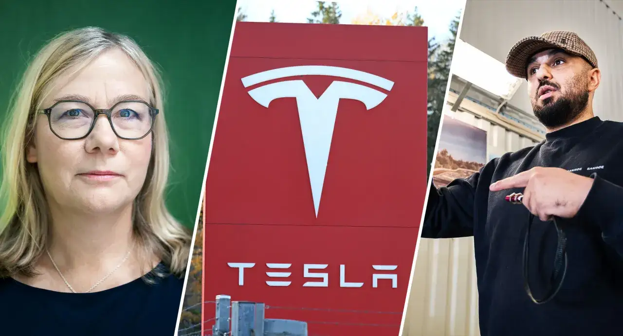 Kvinna med glas&ouml;gon, Tesla-logotyp och man som pekar, en bild som antyder konkurrerande verksamhet.