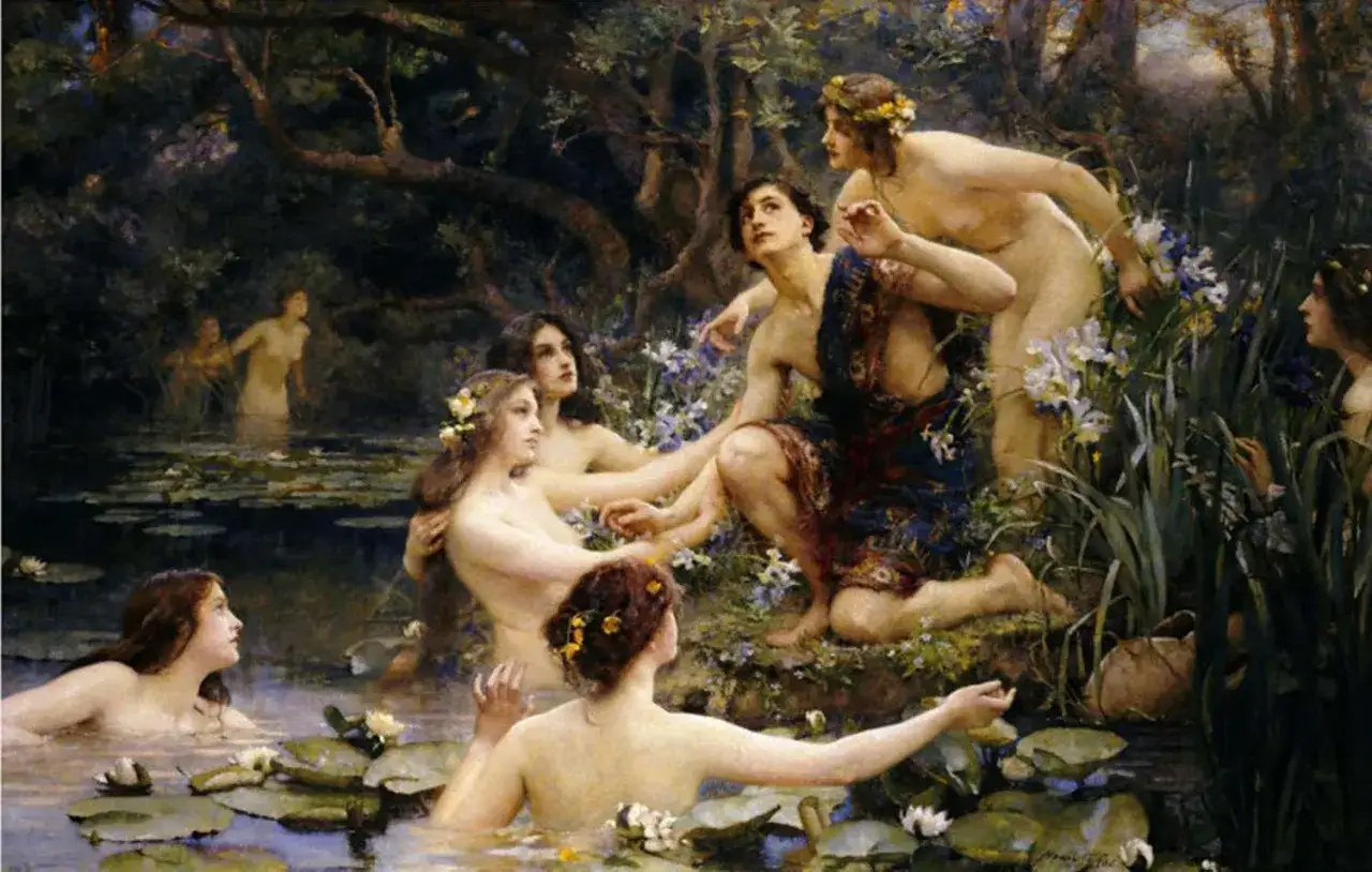 Nymphen im Wasser, ihre Bedeutung liegt in der Naturverbundenheit und weiblichen Anmut. Ein Mann inmitten von Frauen im Teich.