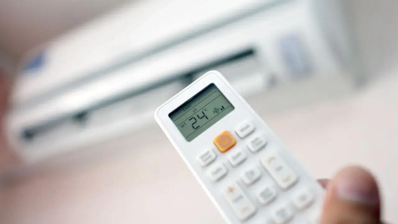 Telecomando per climatizzatore in mano, impostato su 