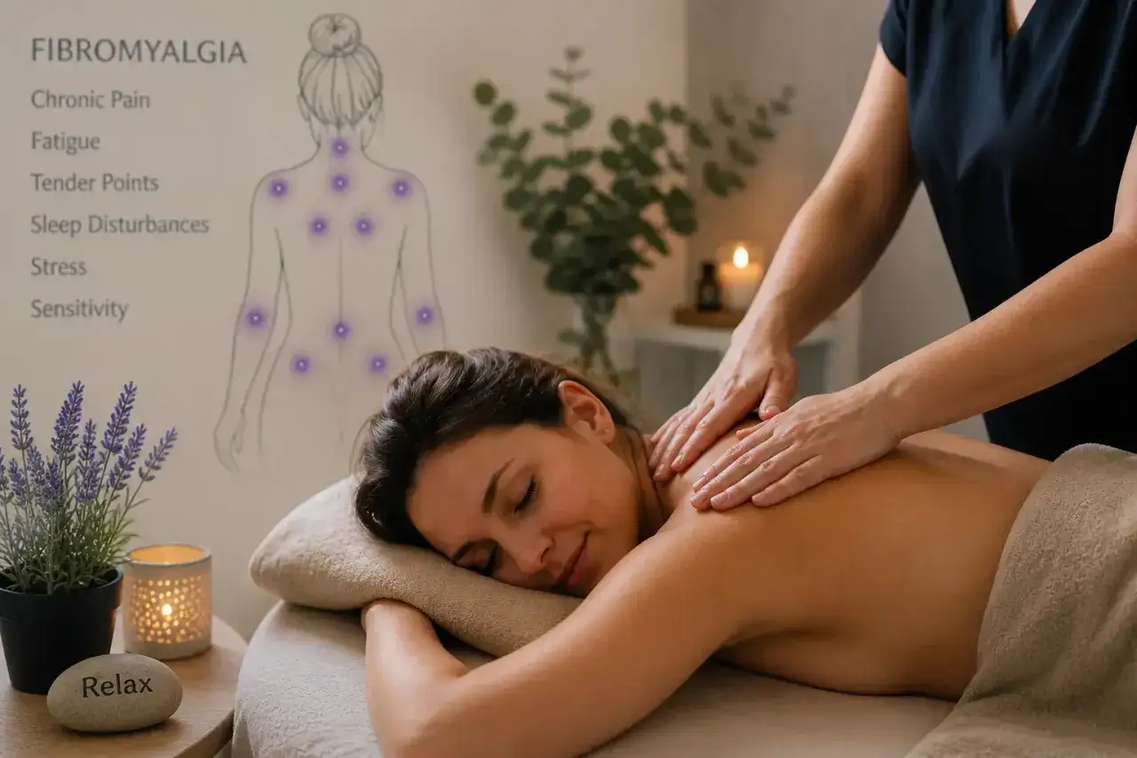 Massage relaxant pour soulager la fibromyalgie. Une femme re&ccedil;oit un massage du dos, apaisant la douleur et le stress.