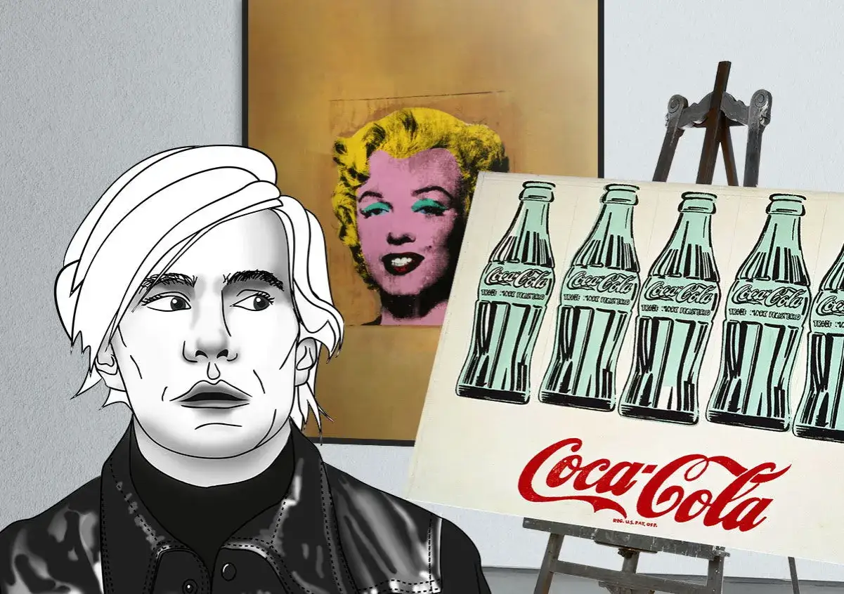 Retrato de Andy Warhol junto a sus icónicas obras de arte: Marilyn Monroe y botellas de Coca-Cola.