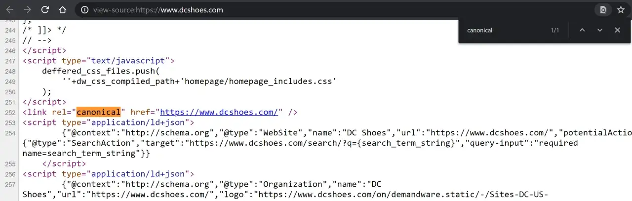 Kod źr&oacute;dłowy strony dcshoes.com zawiera tag link rel=