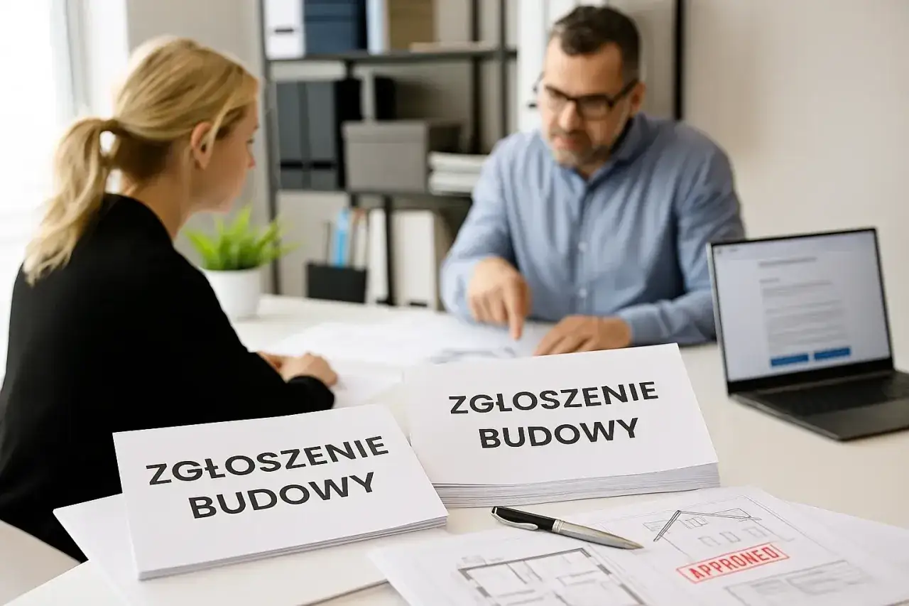 Spotkanie dotyczące zgłoszenia budowy zgodnie z art. 29 prawa budowlanego. Na stole dokumenty i laptop.