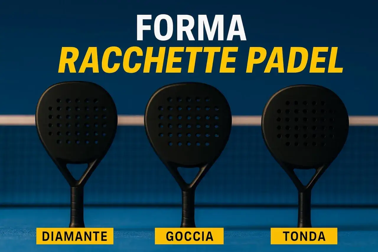 Tre racchette da padel nere: diamante, goccia e tonda. Guida per capire quale racchetta padel scegliere in base alla forma.