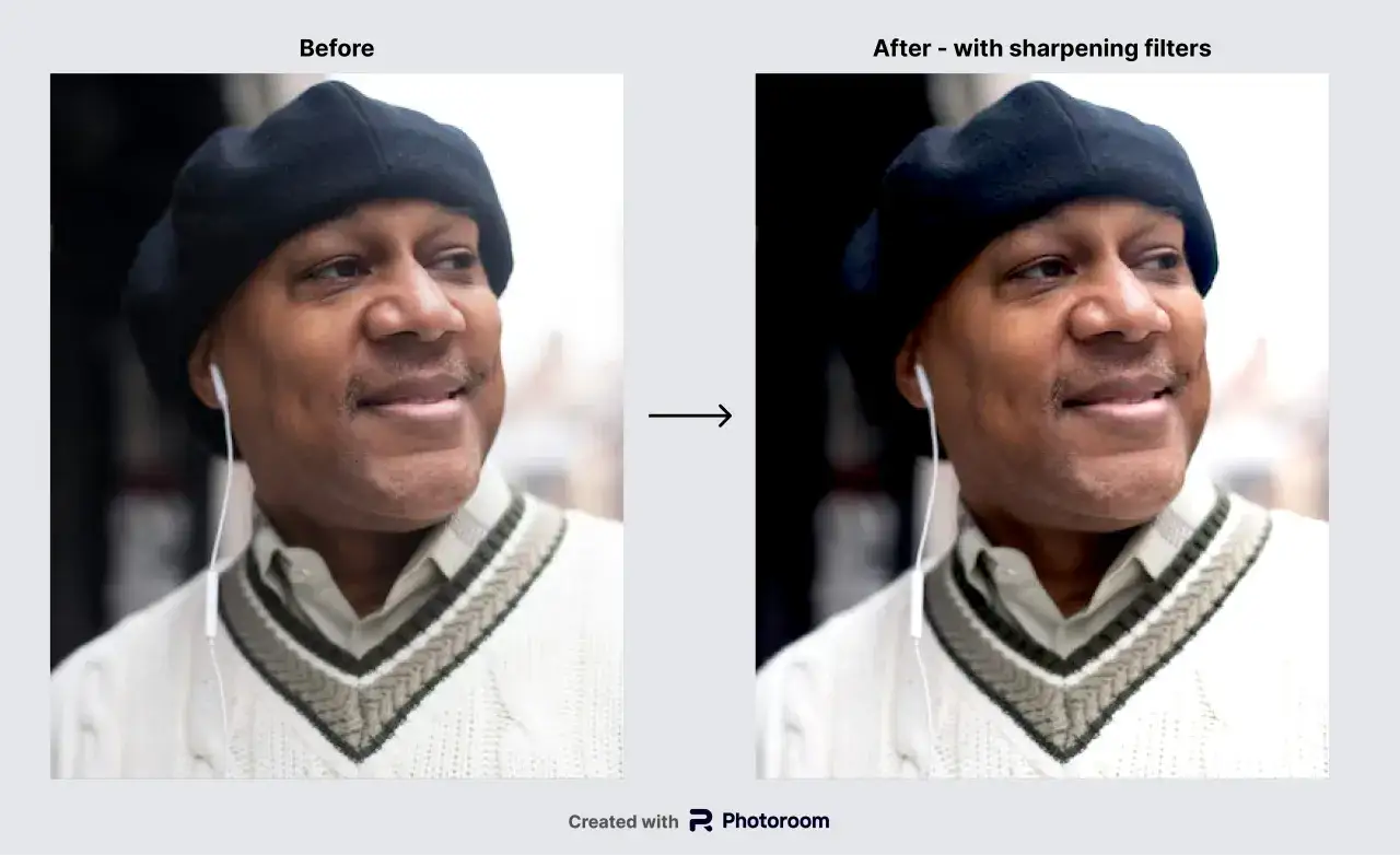 Avant/apr&egrave;s : un homme souriant portant un b&eacute;ret noir et un pull blanc. La photo pas nette de gauche est am&eacute;lior&eacute;e &agrave; droite.