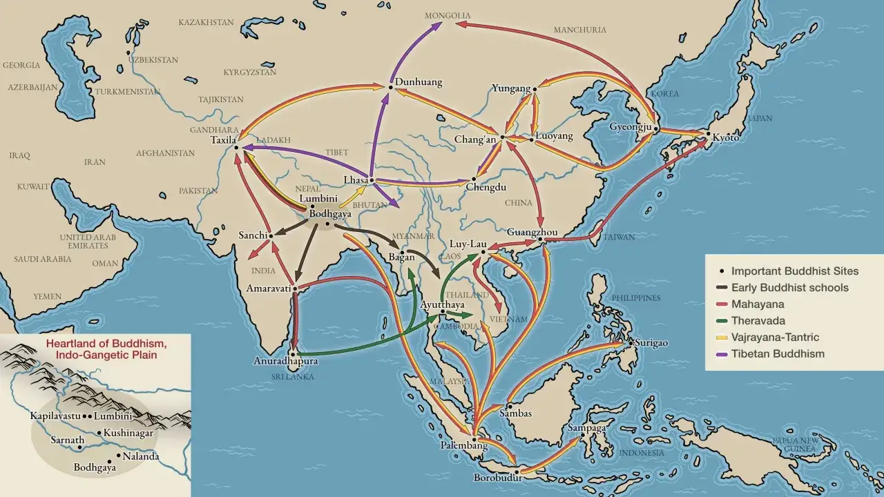 Karta som visar buddhismens ursprung och spridning från Indien till Asien. Pilarna visar hur olika buddhistiska skolor spreds.