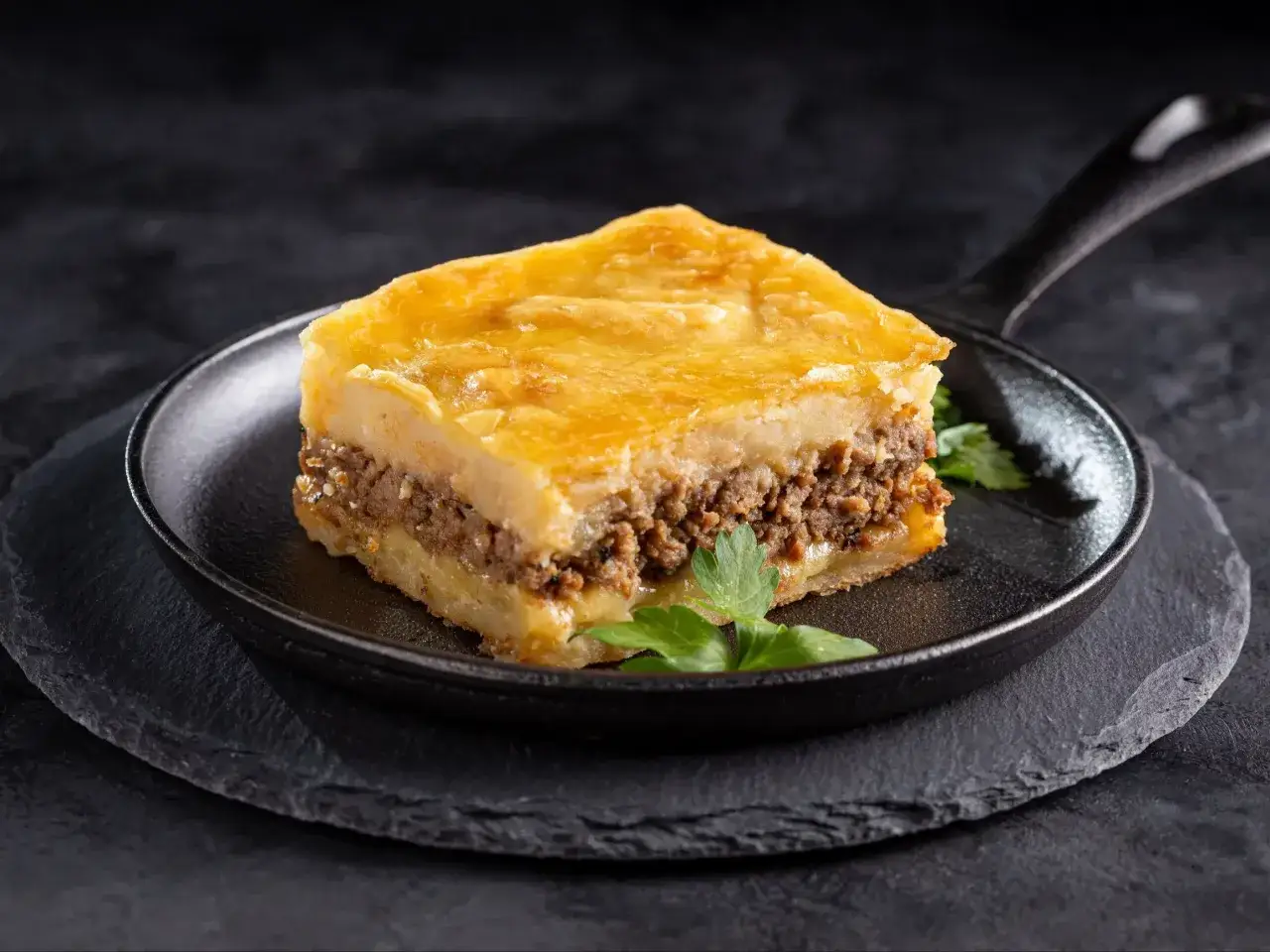 Zapiekanka z mielonym mięsem i warstwą puree z selera i ziemniak&oacute;w, podana na czarnej patelni.
