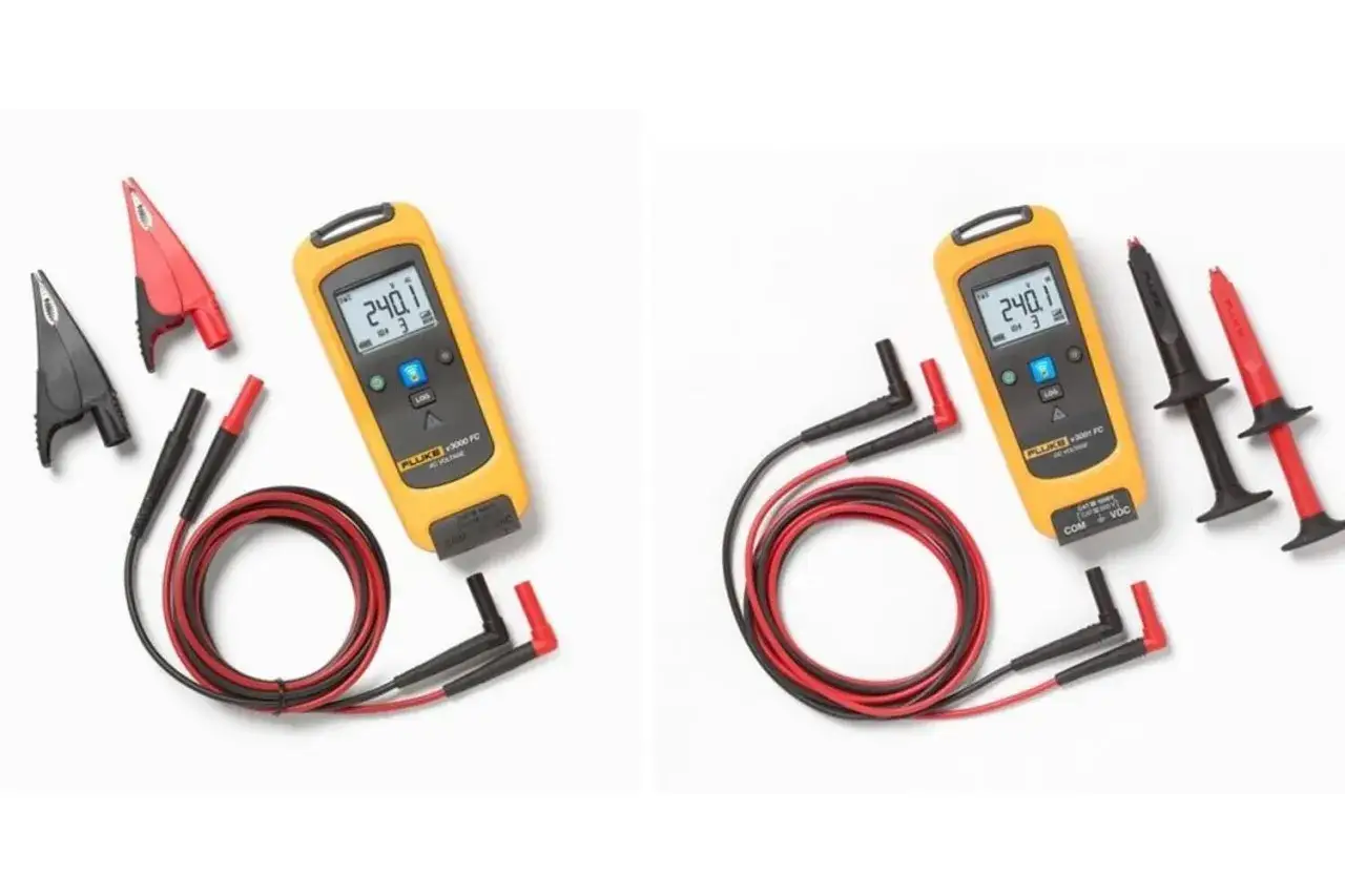 Ż&oacute;łty woltomierz Fluke 3000 FC pokazuje 240.1 V AC. Służy do pomiaru napięcia w instalacjach elektrycznych.