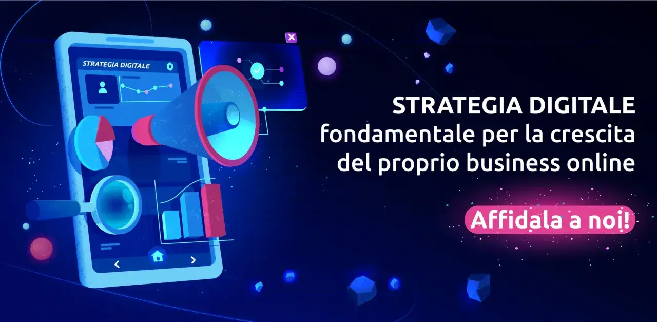 Grafica astratta con megafono e tablet che mostrano grafici, simbolo di 