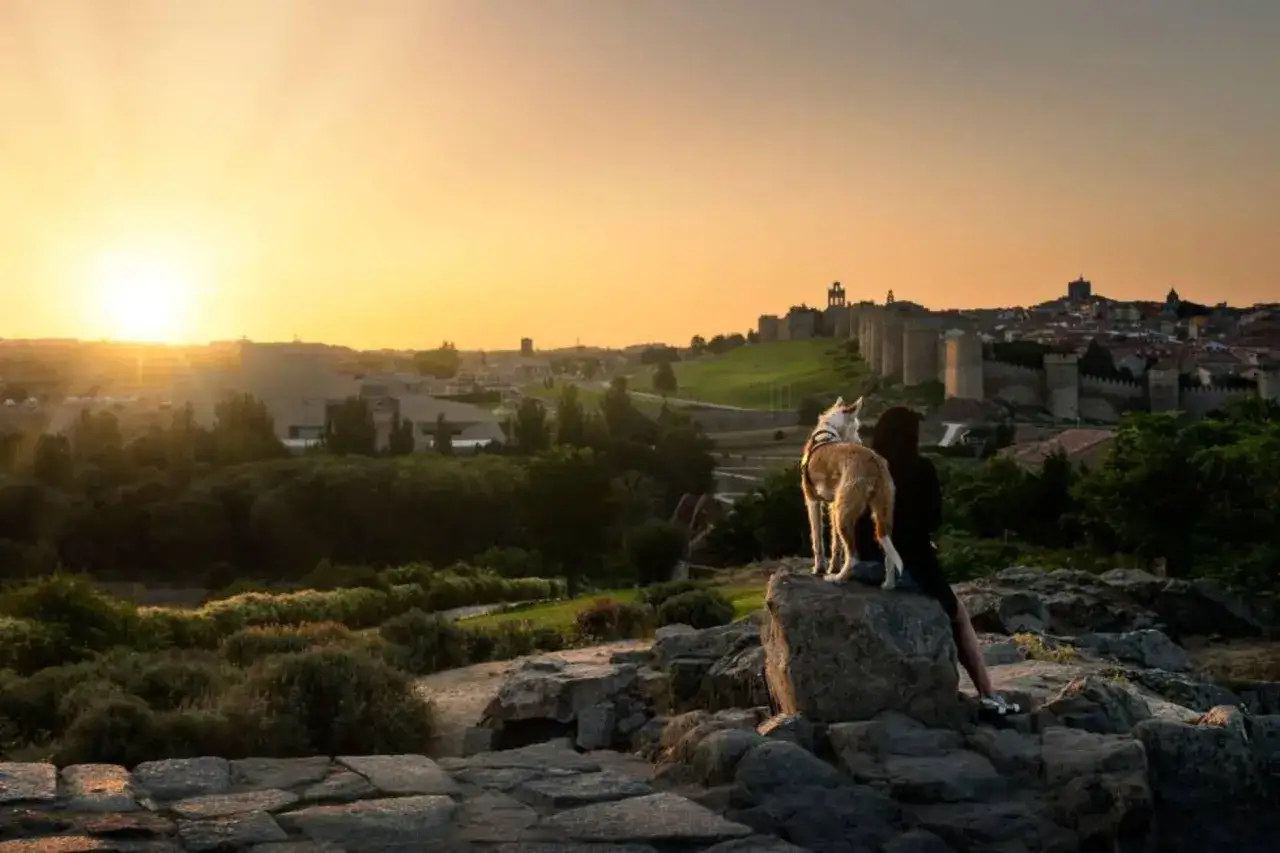 Atardecer con un perro y su due&ntilde;o contemplando la muralla de &Aacute;vila. &iquest;Cu&aacute;ntas veces hay que sacar a un perro? &iexcl;Las necesarias para disfrutar de vistas as&iacute;!