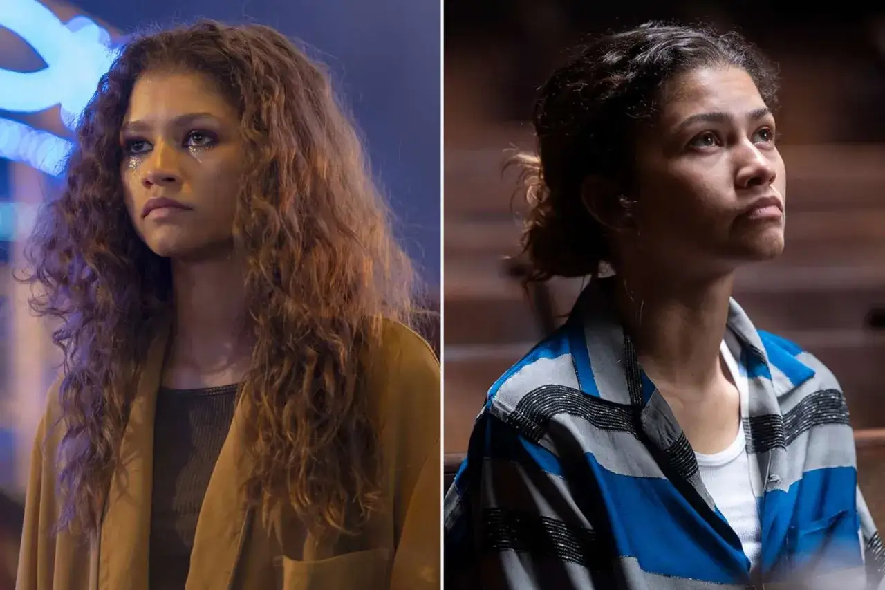 Två bilder av Zendaya som Rue Bennett i Euphoria. På vänster sida med glittrigt smink och på höger sida med uppsatt hår.