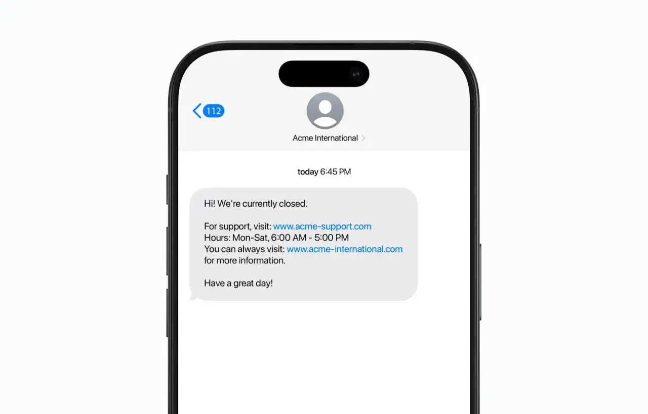 SMS från Acme International med information om stängning och länkar för support. Perfekt för att skicka gratis sms från mobilen.