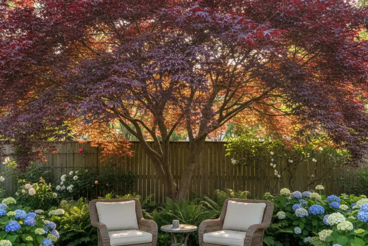 Ein prächtiger japanischer Ahorn mit tiefroten Blättern dominiert diesen Garten. Der ideale japanischer ahorn standort bietet Schatten für zwei Korbsessel, umgeben von Hortensien und Rosen.