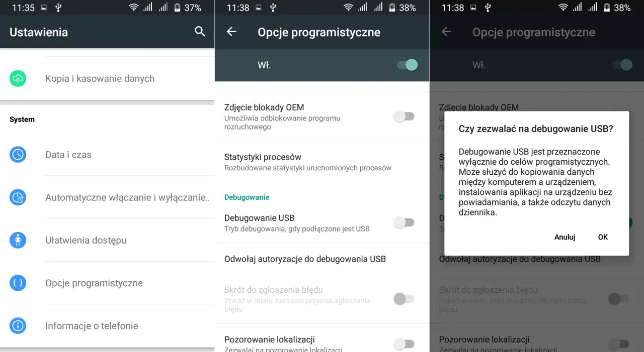 Ustawienia telefonu, opcje programistyczne, włączanie debugowania USB. Potwierdź instalację Androida przez USB.