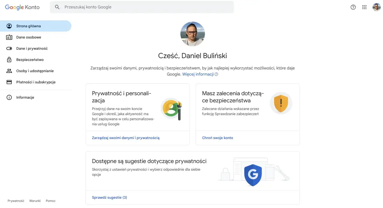 Konto Google Daniela. Znajdź opcje, jak usunąć konto Google, zarządzaj prywatnością i bezpieczeństwem.