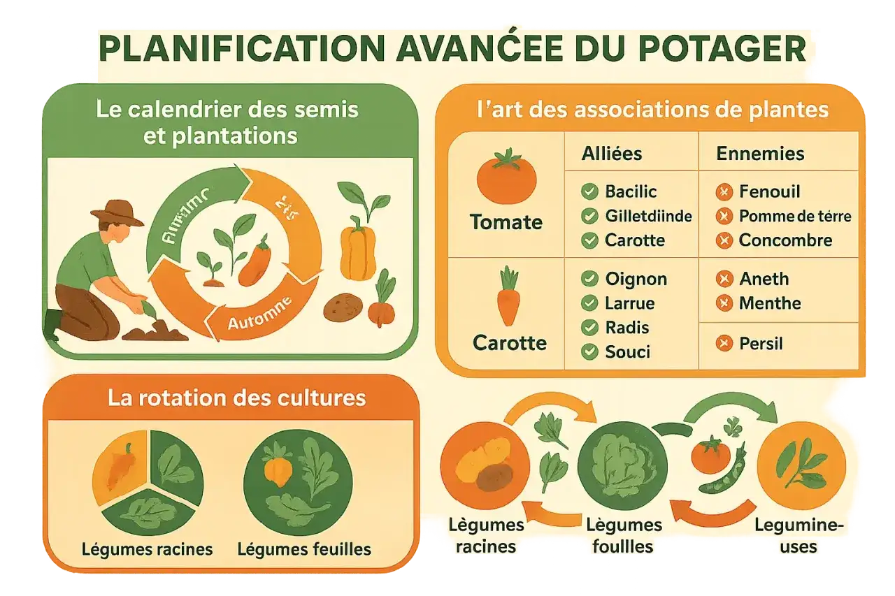Illustration sur la planification avancée du potager, montrant le calendrier des semis, la rotation des cultures et l'art des associations de plantes en permaculture.
