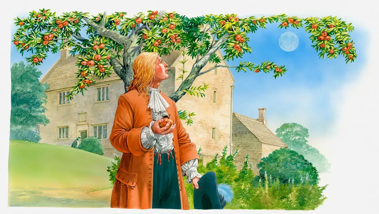 Newton, qui a d&eacute;couvert la gravit&eacute;, r&eacute;fl&eacute;chit sous un pommier, une pomme &agrave; la main, face &agrave; la lune.