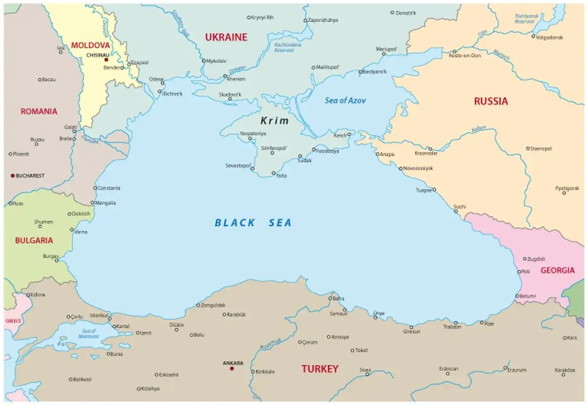 Mapa pokazuje, gdzie znajduje się Morze Czarne, otoczone przez Ukrainę, Rosję, Gruzję, Turcję, Bułgarię i Rumunię.