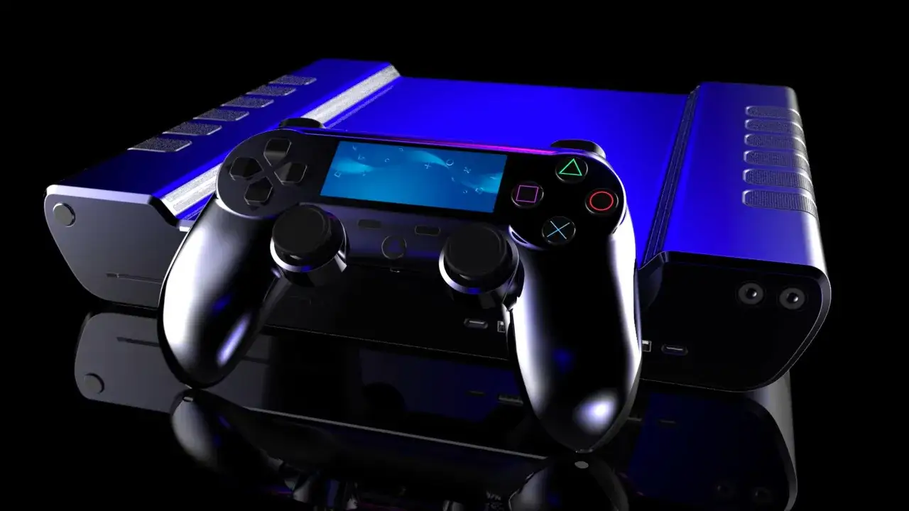 Une manette noire repose sur une console futuriste bleue, &eacute;voquant la prochaine g&eacute;n&eacute;ration de la PlayStation 6.